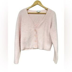 Rachel Zoe 90s Y2K Clueless Pink Fuzzy Cardigan Sweater V Neck Button Down Med